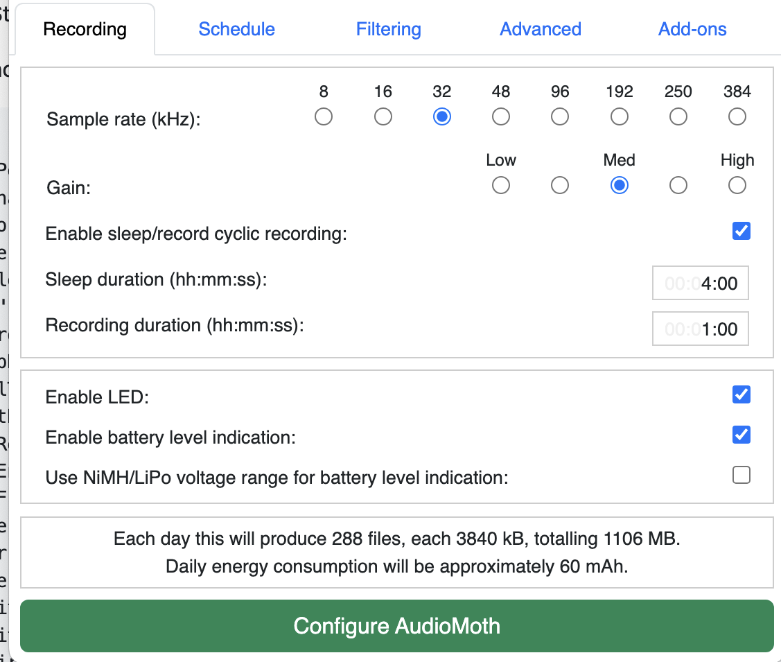Recording Page of the AudioMoth Config App