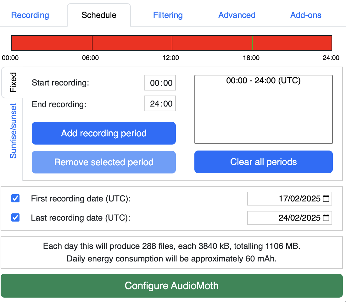 Scheduling Page of the AudioMoth Config App